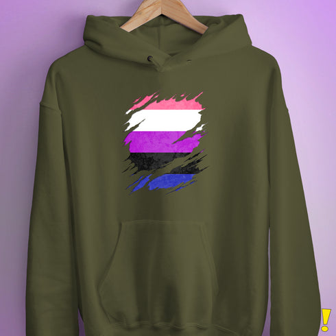 Genderfluid Pride Flag Ripped Reveal Hoodie - Army